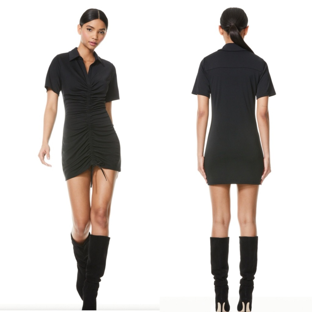 Alice + Olivia Marsha Ruched Polo Mini Dress Womens Size XS Black Bodycon *FLAW